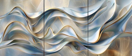 Dynamic Flowing Abstract Artwork with Blue, White, and Gold Color Palette