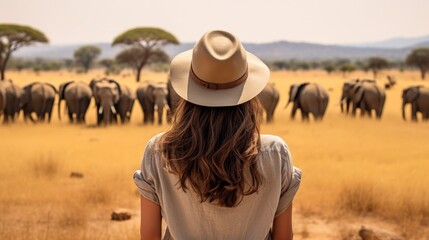 woman observing herd of elephants in savanna landscape