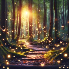 abstract christmas lights, trees, a magical and enchanting forest with fireflies and sparkles.