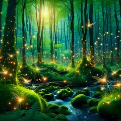 green forest in night, forest in night, a magical and enchanting forest with fireflies and sparkles.