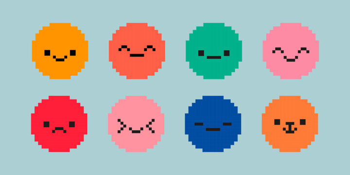 Pixel face set. Various pixel art faces, happy and sad. 8bit acid style pixelated face. Vector.