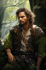 Rugged adventurer in lush forest