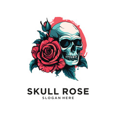 skull flower rose character logo design vector