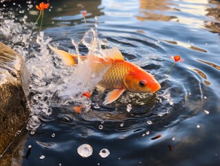 Vibrant orange fish swimming in pond with splashing water