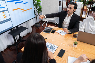 Project manager planning schedules for business task at meeting room, Gantt chart software show on...