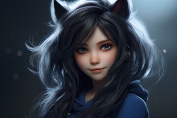 Naklejka premium Anime-style portrait of a young woman with dark hair and blue eyes