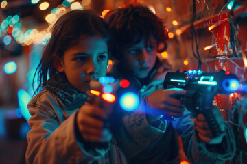 Two children play laser tag in an arcade arena with colorful bokeh lights in the background.