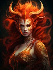 Fiery demonic fantasy character with horns and glowing eyes