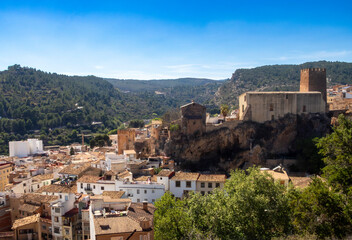 View of the town of Buñol with its castle from the 11th-12th centuries, on the hill. Valencian...