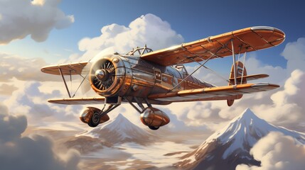 Vintage biplane flying over snowy mountains