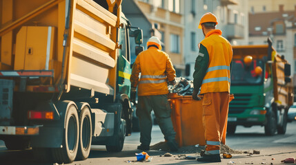Garbage collection team in reflective uniforms working together on city streets.