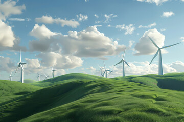 Generative ai on theme of wind power farm with rotation propellers, does not pollute environment