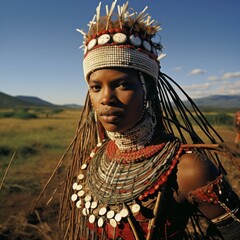 indigenous tribal woman in traditional beaded headdress and jewelry