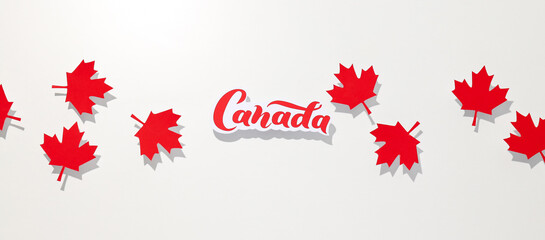 The word Canada with red maple leaves on a white background
