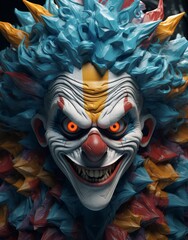 Creepy clown with vibrant feathers