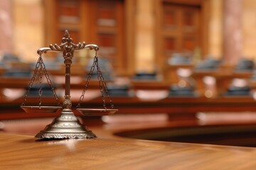 Law and justice concept. symbolic gavel and scales presented in a courtroom legal setting