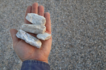 Spodumene pegmatite ore held in hand. Commercially viable source of Lithium (Li) used in...