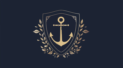 Silhouette shield with anchor in circle and leafs vector