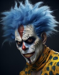 Creepy clown with blue hair and yellow polka dot costume
