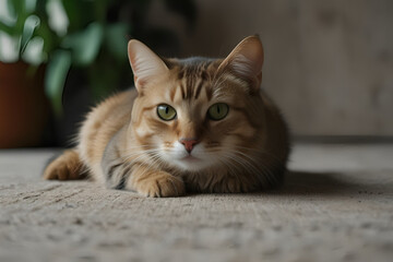 Grey stripped mixed-breed cat sitting.