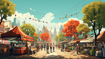 A vector illustration of a vibrant street food market.