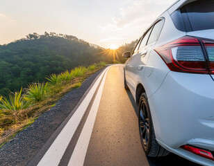 white car detail on scenic road with sunset in natural country