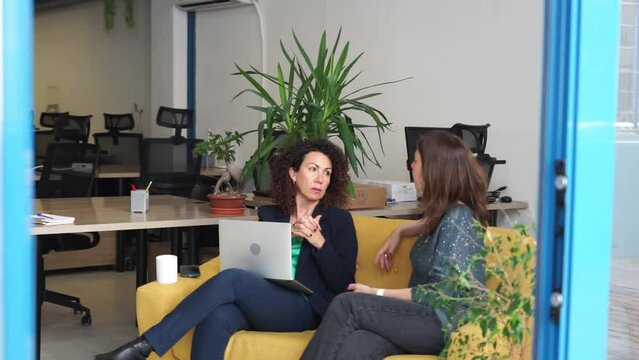 Two businesswomen at an informal business meeting in a coworking