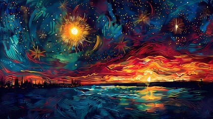city and the sky adorned with spectacular fireworks illustration poster background 