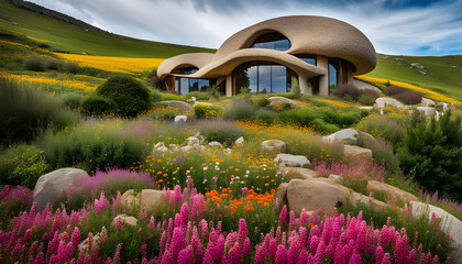 modern house with flowers in the field