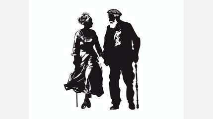 Sketch silhouette full body couple elderly in walking