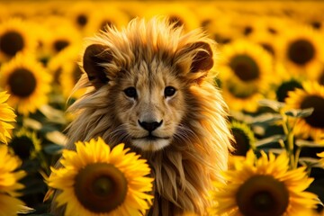 Majestic lion in a field of sunflowers