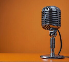 microphone de style vintage chromé posé sur un pied dans un fond coloré uni orange,,and cutout  also