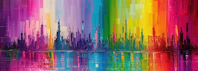 Vibrant spectrum of urban splendor reflected in water at dusk. A vividly colored abstract cityscape reflects in tranquil water, showcasing a rainbow of hues