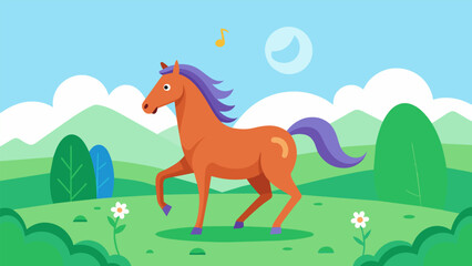 A majestic horse frolics around a beautiful pasture as an AIbased pet mood enhancer plays calming instrumental lullabies to keep him relaxed and. Vector illustration