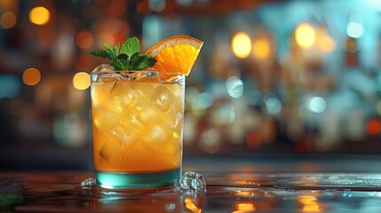 A detailed shot of a mixology cocktail, blurred bar setting