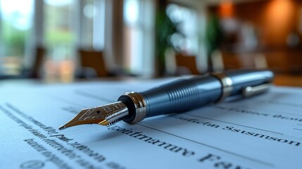 A detailed shot of a contract signing pen, agreement, blurred contract document