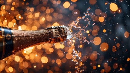 A detailed shot of a champagne cork popping, celebration blurred behind