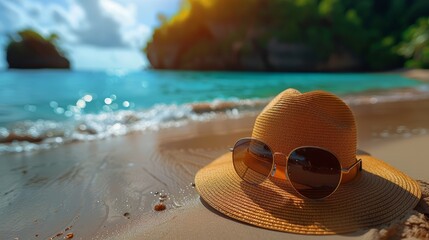 A beach hat and sunglasses on the sand, blurred tropical paradise