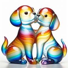 Fototapeta premium A stunning blown glass sculpture of a playful, a couple puppy with seamlessly blended rainbow colors, white background