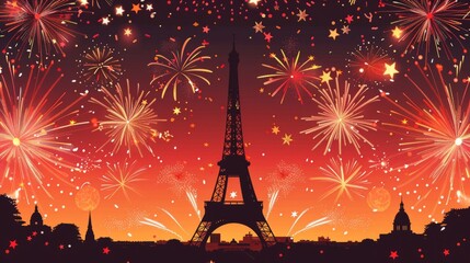 Eiffel Tower silhouetted against a dramatic Bastille Day firework display creating a striking spectacle of French nationalism and festivity