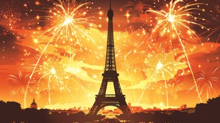 Eiffel Tower silhouetted against a dramatic Bastille Day firework display creating a striking spectacle of French nationalism and festivity