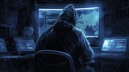 An anonymous hacker seating in front of a commanding monitor