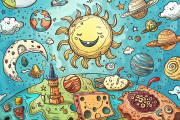 Naklejka premium Cartoon cute doodles of a world where everyone wears hats made of clouds, and rain falls upwards into the sky, Generative AI