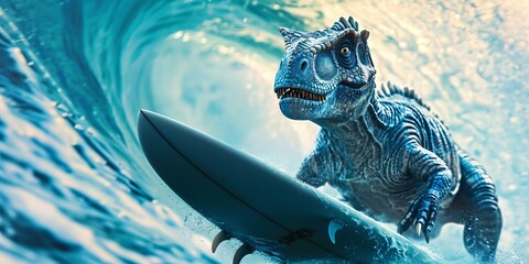 A blue dinosaur is surfing on the waves. The dinosaur is wearing a wetsuit and a helmet. The dinosaur is having a lot of fun.