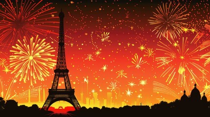 Eiffel Tower silhouette stands tall against a dazzling display of firework casting a festive glow on Bastille Days night sky