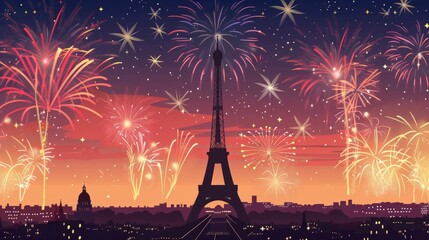 Eiffel Tower silhouette stands tall against a dazzling display of firework casting a festive glow on Bastille Days night sky