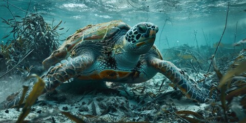 A close-up of a sea turtle swimming in the ocean. The turtle is surrounded by a beautiful coral reef.