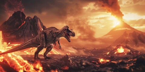 A dinosaur is standing in a fiery hellscape