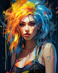 vibrant abstract portrait of a woman with colorful hair