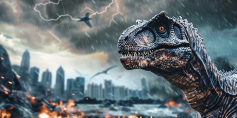 A dinosaur is standing in a ruined city. The dinosaur is looking at the camera. The city is in ruins. There are ruins everywhere. The sky is dark and there are storm clouds.